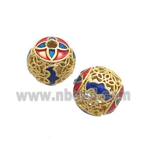 Copper Round Beads Red Blue Cloisonne Hollow Gold Plated