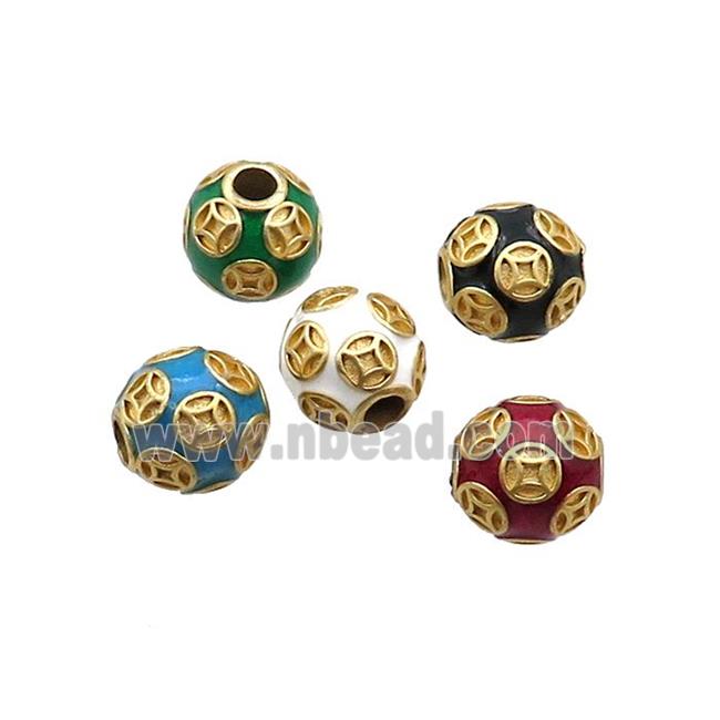 Copper Round Beads Enamel Large Hole Gold Plated Mixed Color