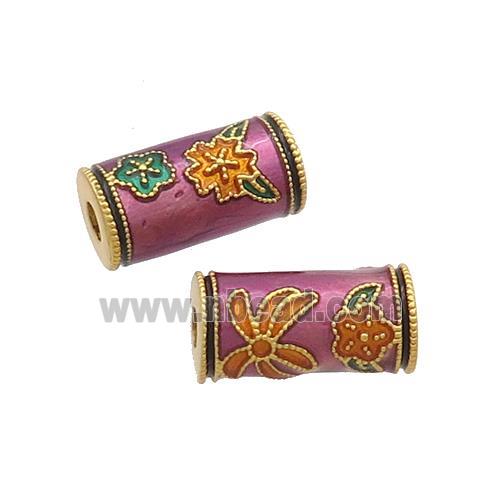 Copper Tube Beads Purple Cloisonne 18K Gold Plated