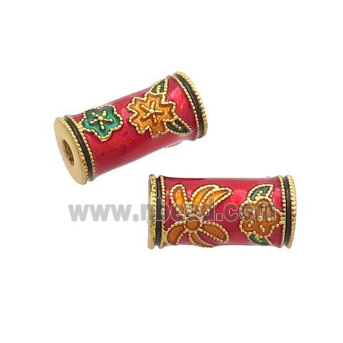 Copper Tube Beads Red Cloisonne 18K Gold Plated