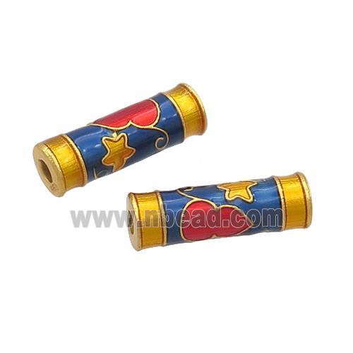 Copper Tube Beads Blue Cloisonne 18K Gold Plated