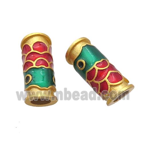 Copper Tube Beads Multicolor Cloisonne Fish Large Hole 18K Gold Plated