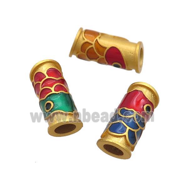 Copper Tube Beads Multicolor Cloisonne Fish Large Hole 18K Gold Plated Mixed