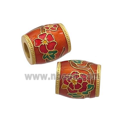 Copper Barrel Beads Red Cloisonne Flower Large Hole 18K Gold Plated