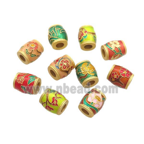 Copper Barrel Beads Cloisonne Flower Large Hole 18K Gold Plated Mixed