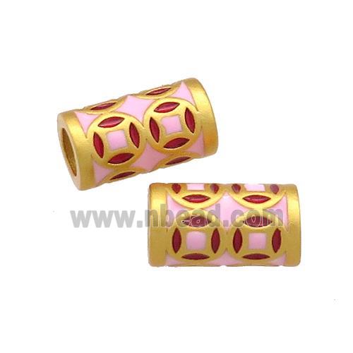 Copper Tube Beads Pink Cloisonne Large Hole 18K Gold Plated