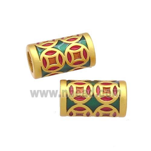 Copper Tube Beads Green Red Cloisonne Large Hole 18K Gold Plated