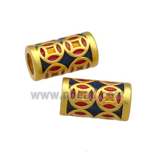 Copper Tube Beads Blue Red Cloisonne Large Hole 18K Gold Plated