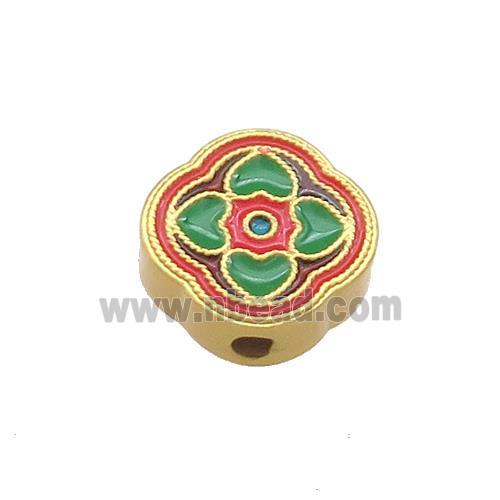 Copper Flower Beads Red Green Cloisonne 18K Gold Plated