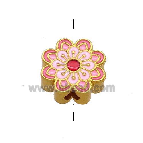 Copper Flower Beads Pink Cloisonne 18K Gold Plated