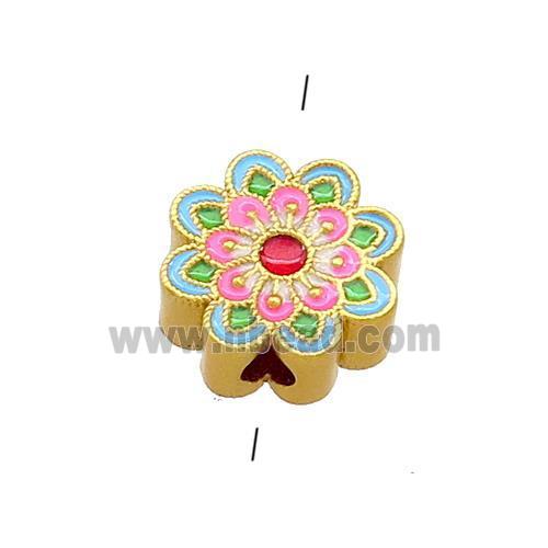Copper Flower Beads Green Pink Cloisonne 18K Gold Plated