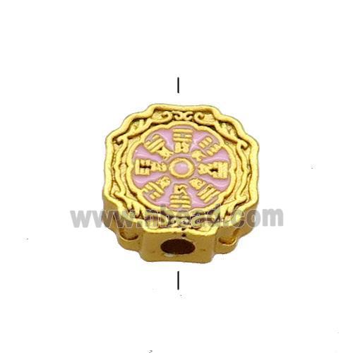 Copper Circle Beads Pink Cloisonne Chinese Eight Diagrams 18K Gold Plated