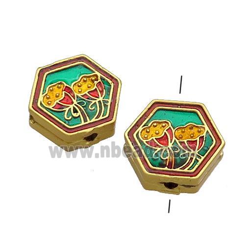 Copper Hexagon Beads Multicolor Painted Flower Gold Plated