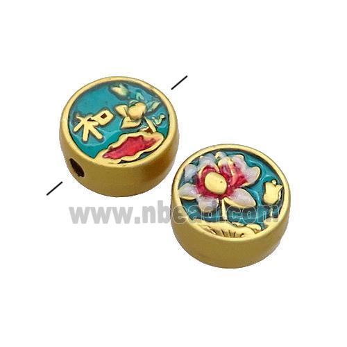 Copper Coin Beads Multicolor Painted Flower Gold Plated