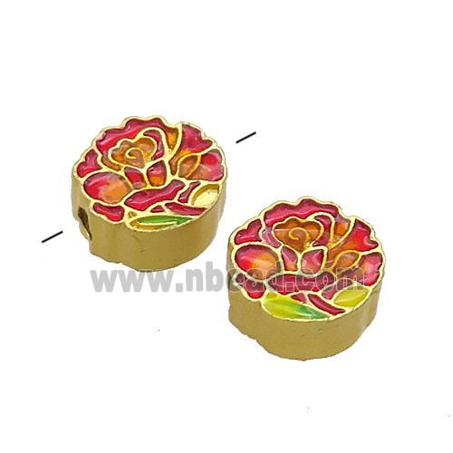 Copper Flower Beads Red Painted Gold Plated