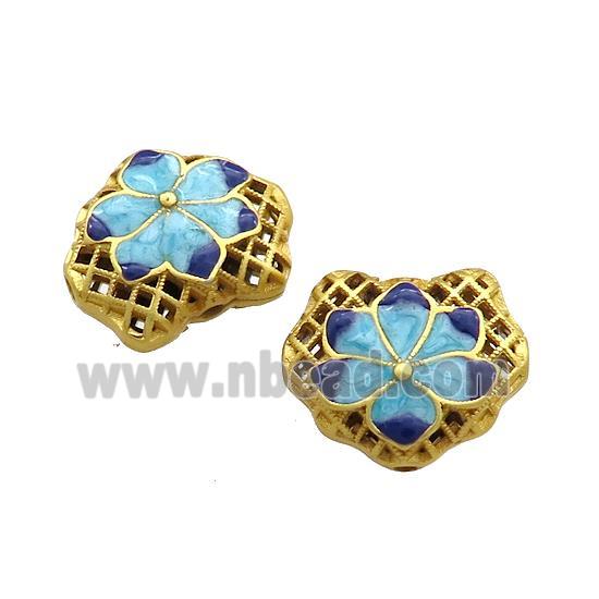 Copper Flower Beads Blue Cloisonne Gold Plated