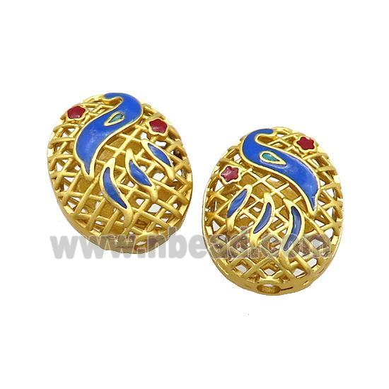 Copper Oval Beads Blue Painted Hollow Gold Plated