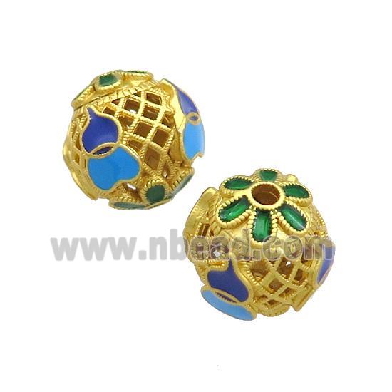 Copper Round Beads Multicolor Painted Hollow Gold Plated