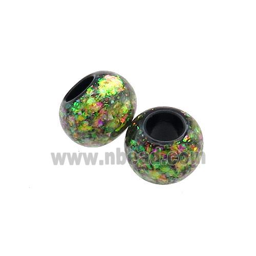Black Resin Rondelle Beads Pave Green Fire Opal Large Hole Smooth