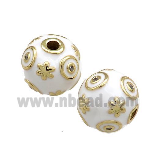 Copper Round Beads Pave Zircon White Enamel 18K Gold Plated
