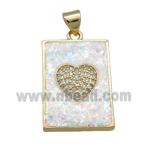Copper Rectangle Pendant Pave White Fire Opal Zircon Heart 18K Gold Plated