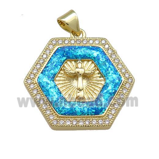 Copper Hexagon Pendant Pave Blue Fire Opal Zircon Cross Prayer 18K Gold Plated