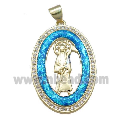 Saint Jude Charms Copper Oval Pendant Pave Blue Fire Opal Zircon 18K Gold Plated