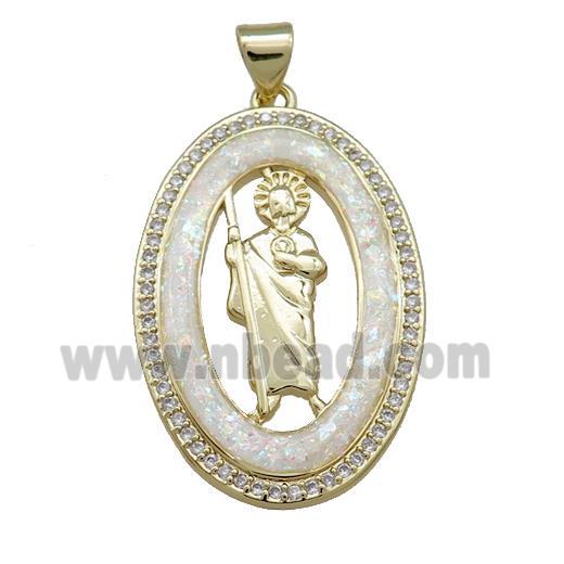 Saint Jude Charms Copper Oval Pendant Pave White Fire Opal Zircon 18K Gold Plated