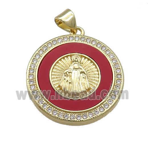 Virgin Mary Charms Copper Circle Pendant Pave Red Shell Zircon 18K Gold Plated
