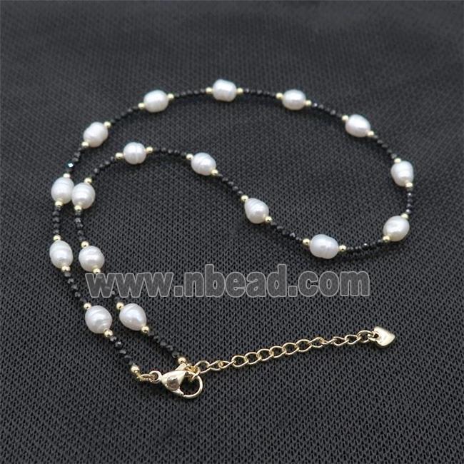 White Pearl Necklace With Black Spinel