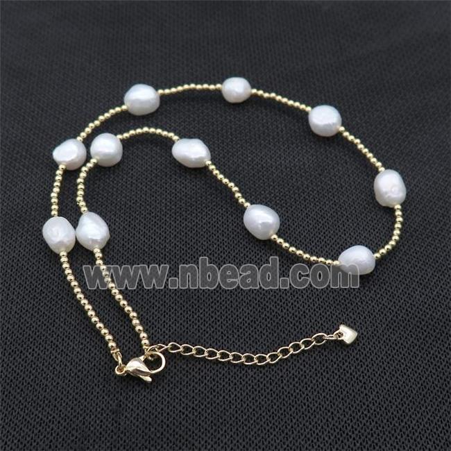 White Pearl Necklace With Copper Pony Beads Gold Plated