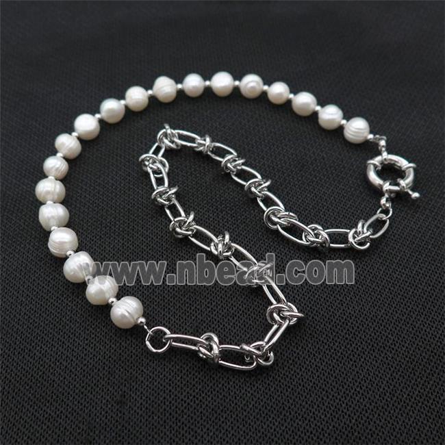 White Pearl Necklace With Copper Chain Platinum Plated