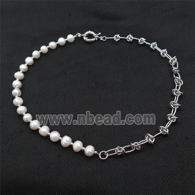 White Pearl Necklace With Copper Chain Platinum Plated