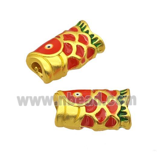 Alloy Fish Charms Beads Large Hole Red Painted Matte Gold Plated
