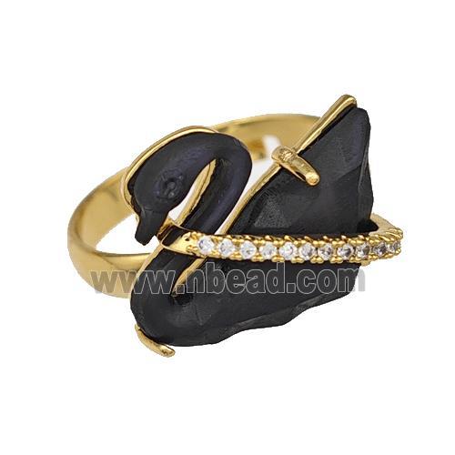 Copper Swan Rings Pave Black Acrylic Zirconia Adjustable Gold Plated