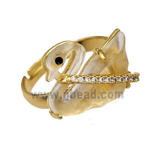 Copper Swan Rings Pave Acrylic Zirconia Adjustable Gold Plated