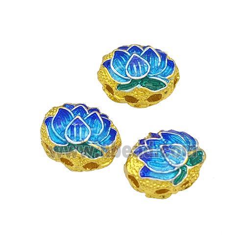 Copper Lotus Beads Blue Painted Gold Plated