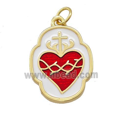 Copper Heart Pendant Red White Enamel Gold Plated