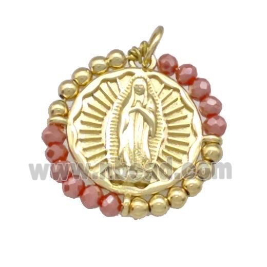 Virgin Mary Charms Copper Circle Pendant With Red Crystal Glass Wrapped Gold Plated