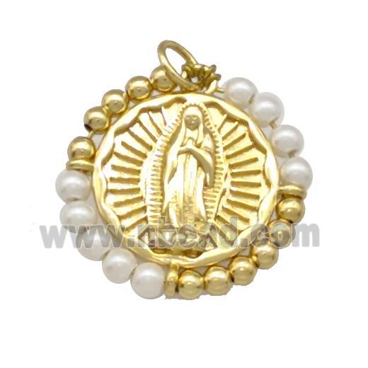 Virgin Mary Charms Copper Circle Pendant With Pearlized Glass Wrapped Gold Plated