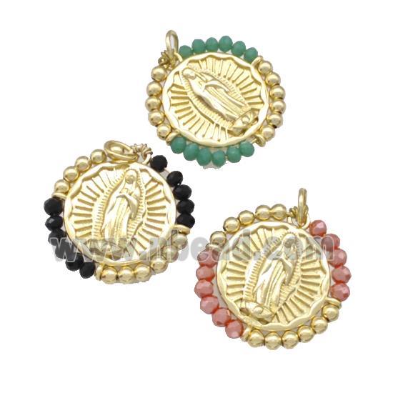 Virgin Mary Charms Copper Circle Pendant With Crystal Glass Wrapped Gold Plated Mixed