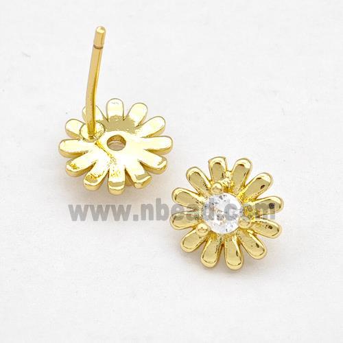 Copper Daisy Stud Earring Pave Zirconia Flower Gold Plated