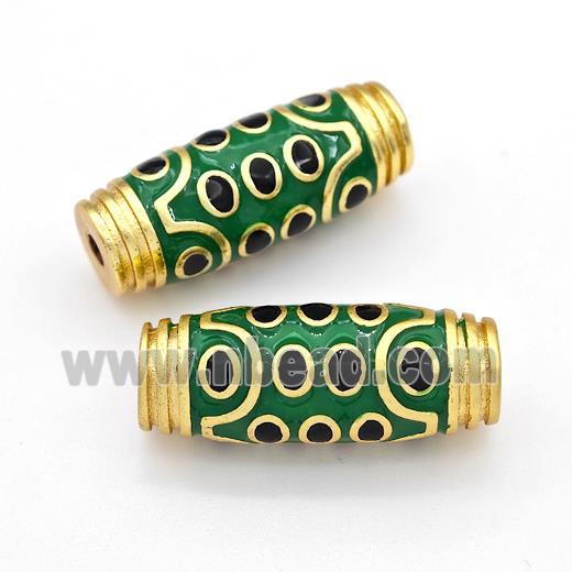 Tibetan Style Copper Barrel Beads Eye Green Enamel Gold Plated