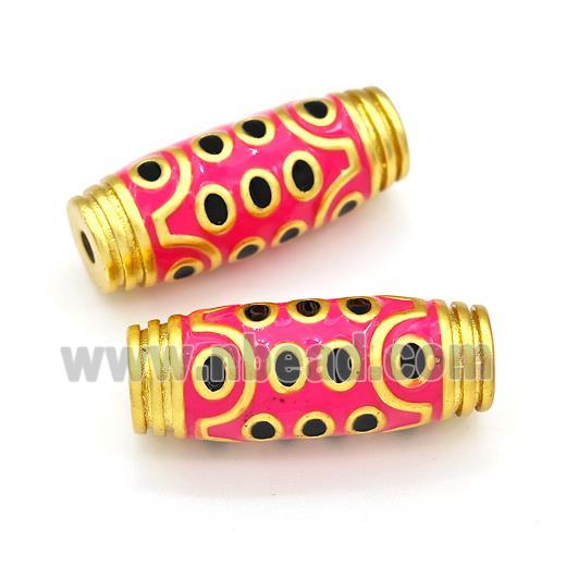 Tibetan Style Copper Barrel Beads Eye Pink Enamel Gold Plated