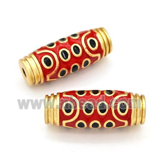 Tibetan Style Copper Barrel Beads Eye Red Enamel Gold Plated