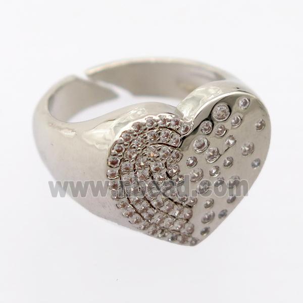 copper Rings pave zircon, resizable, heart, platinum plated