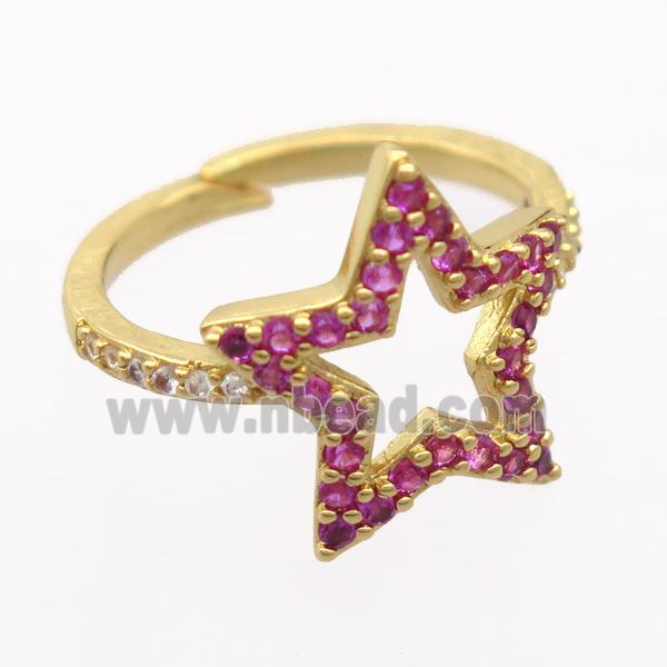 copper Rings pave zircon, resizable, star, gold plated