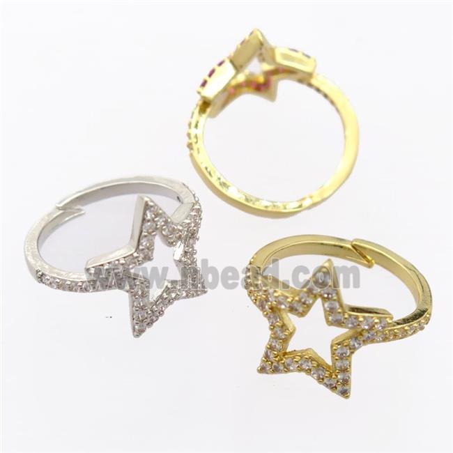 copper Rings pave zircon, resizable, star, mixed