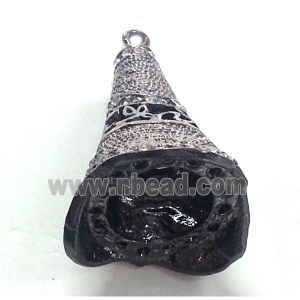 bell, copper pendant with rhinestone, black
