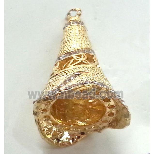 bell, copper pendant with rhinestone, gold plated